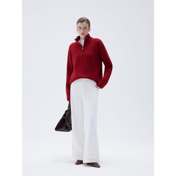 Women Red Oversized Cashmere Collared Ribbed Long Sleeve Sweater - Picture 7 of 7